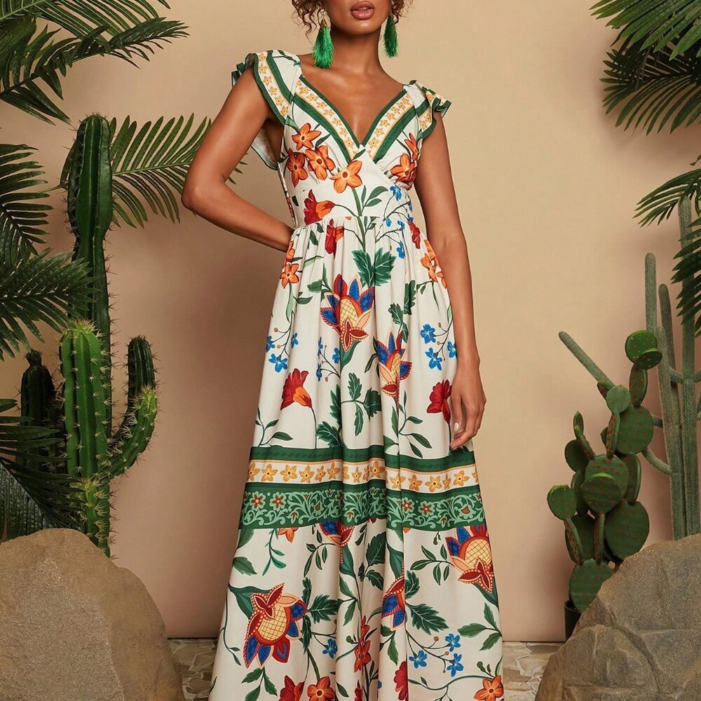 Green Boho Tropical Print V-Neck Cap Sleeve Backless Women's Dress - Picture 6 of 7